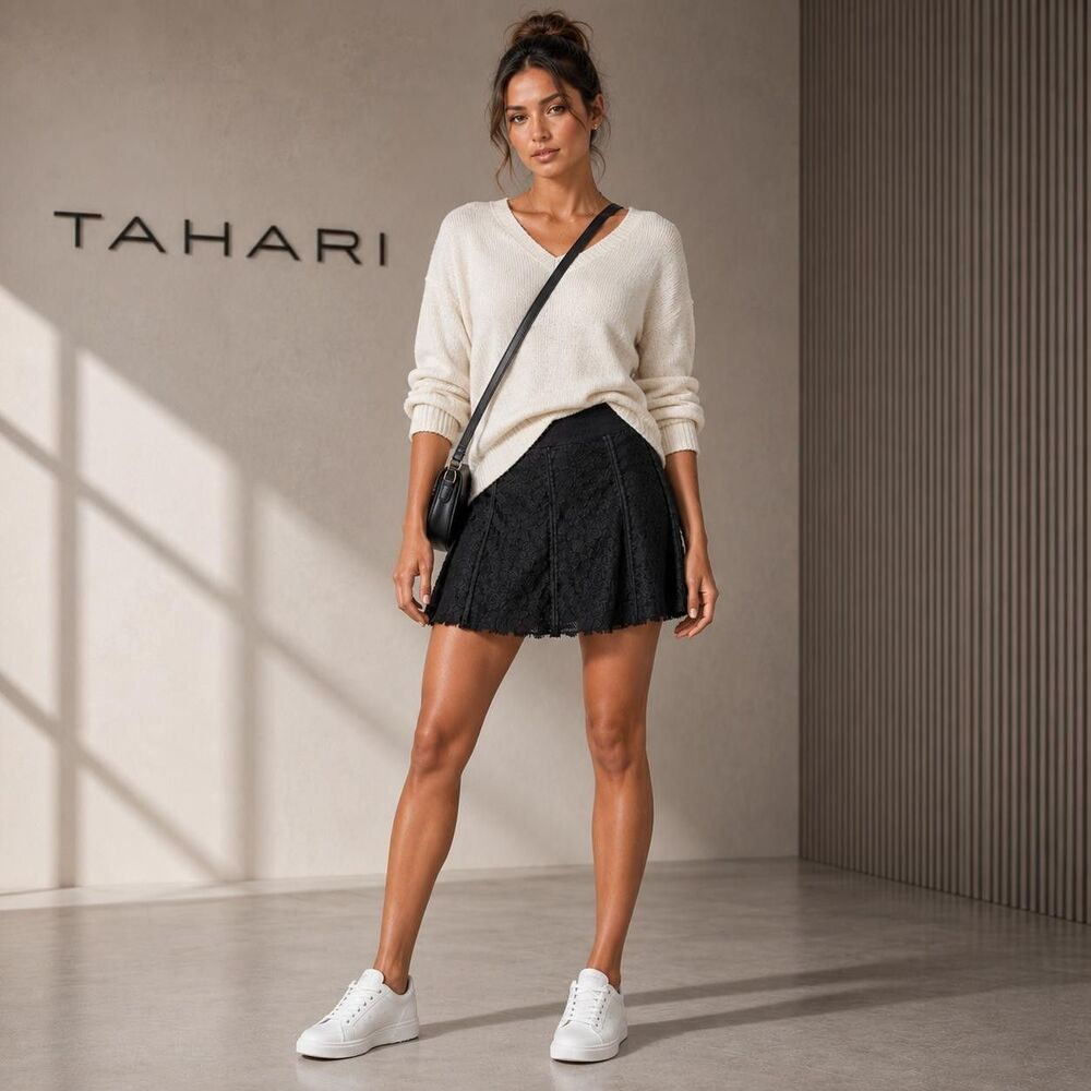 ELIE‎ TAHARI Women's Skirt Lace Black MEDIUM Flare Midi Textured Raw
